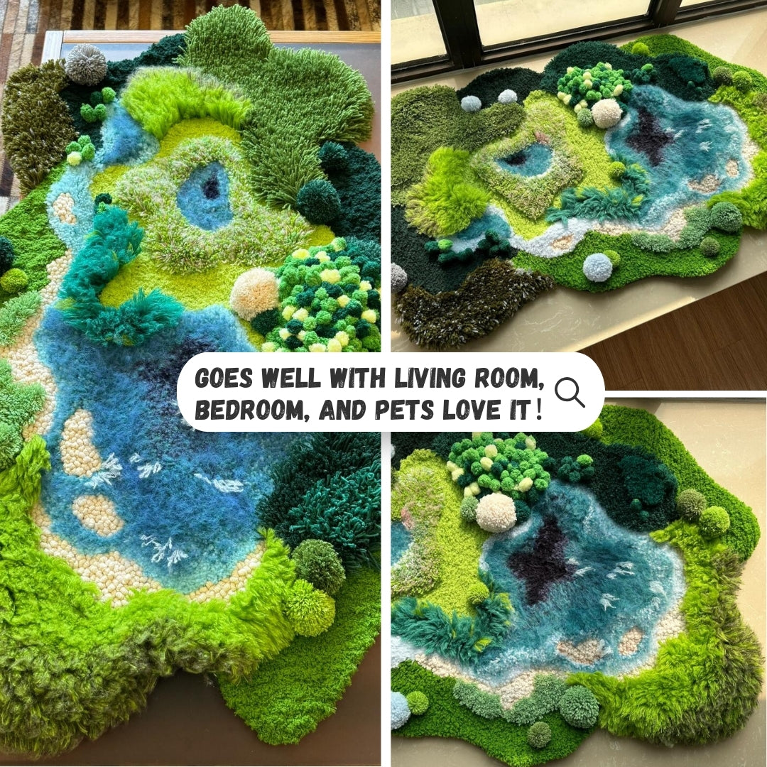 Handmade salt lake moss carpet latch hook DIY project finished result