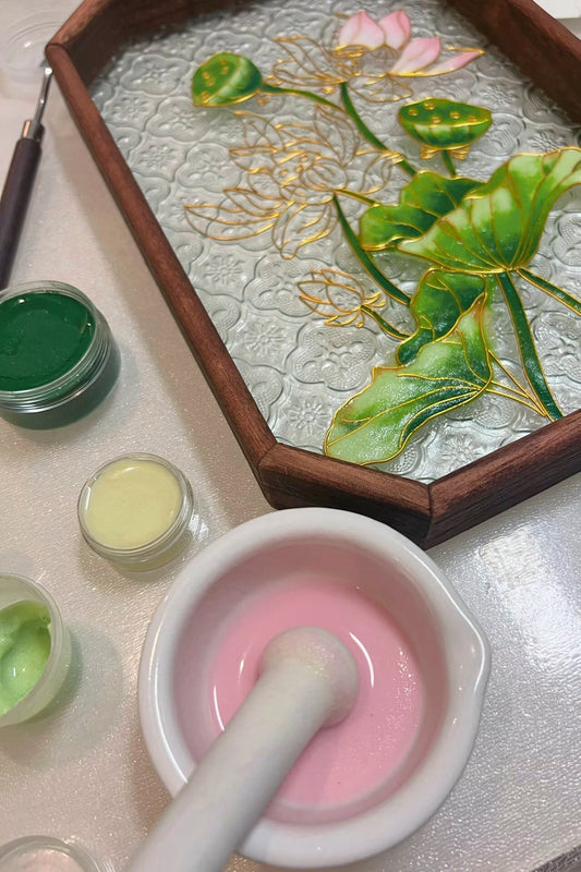 Lotus Filigree on Glass, DIY Cloisonne Filigree Enamel Painting Kit, with Tutorial& All Tools