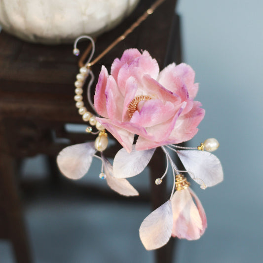 Pink Peony and Natural Pearl, Handmade Silk Velvet Flower,Brooch/Hair Pin/Clip
