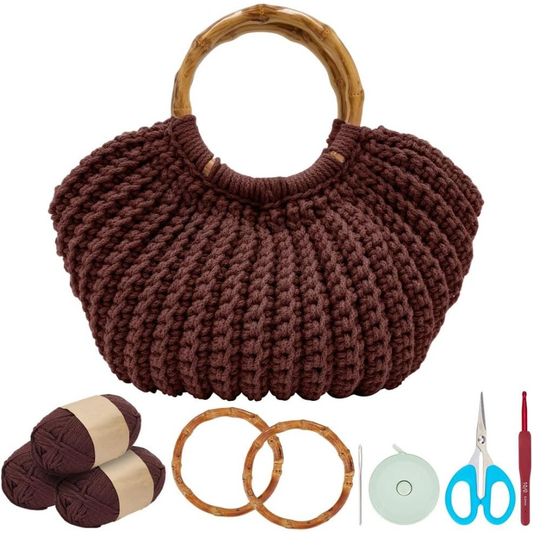 Crochet bag kit with bamboo handles, brown yarn, scissors and crochet hook