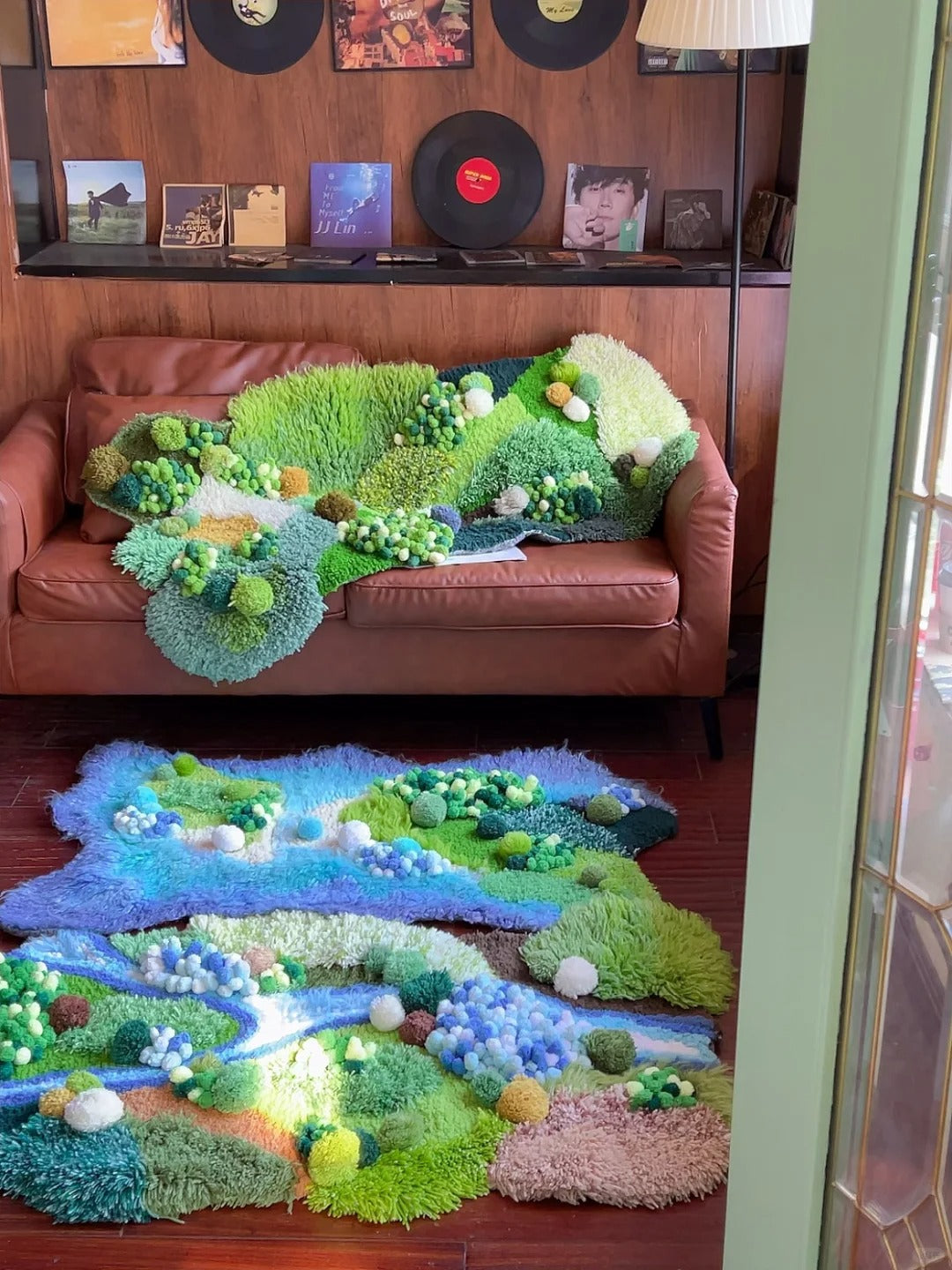 Completed moss moss carpet displayed as home decor floor rug