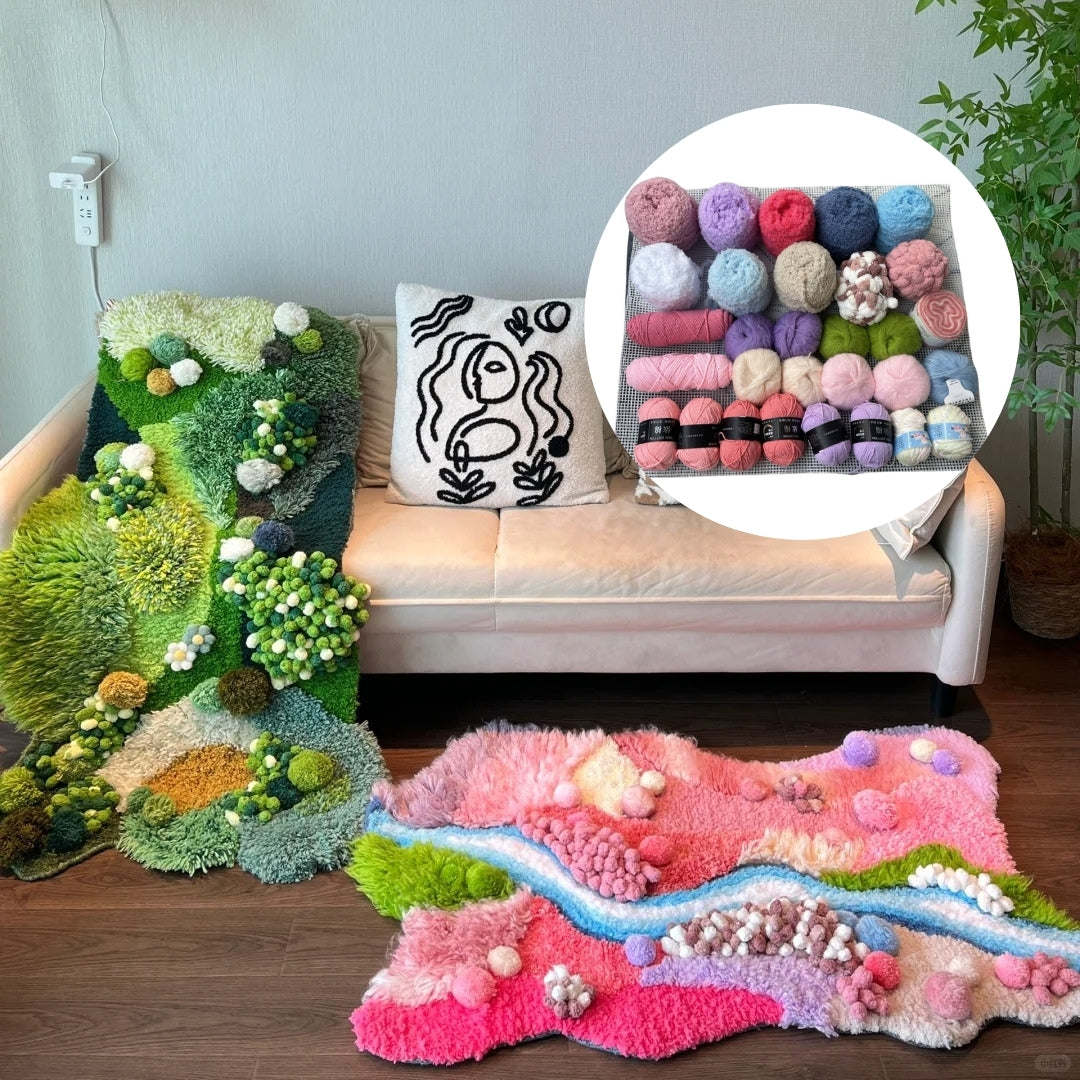 Latch hook kit materials including mesh cloth yarn and crochet hook