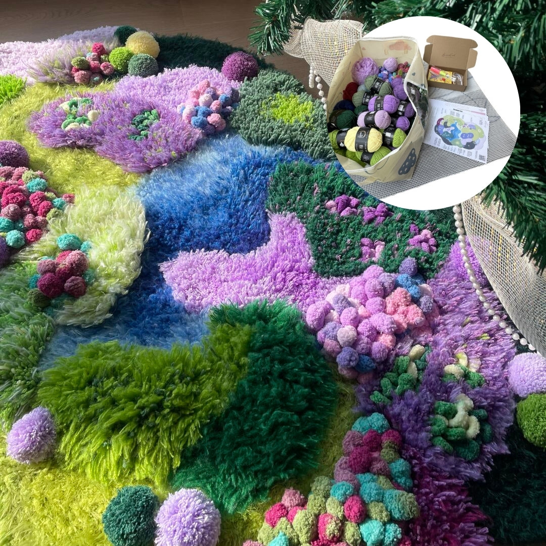 Latch hook kit materials for lavender moss carpet with mesh cloth and yarn