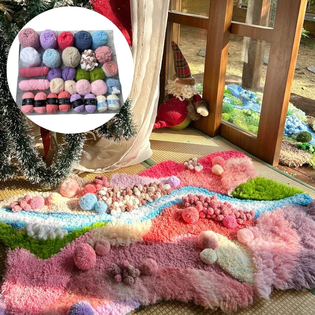 Pink moss carpet DIY kit detail showing yarn texture and color