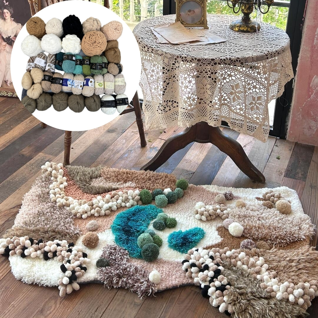 Latch hook kit materials for desert moss carpet with mesh cloth and yarn