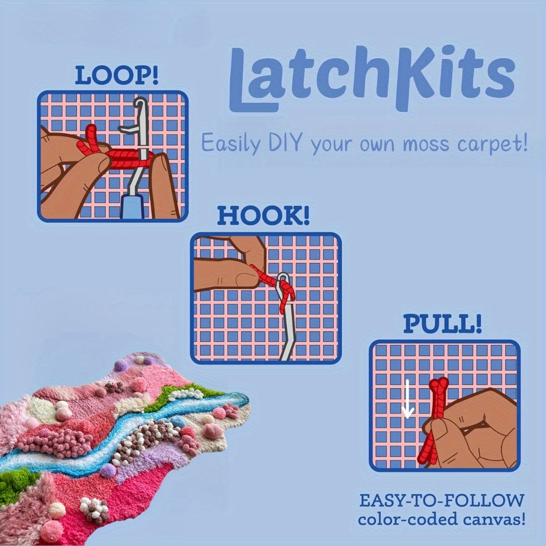 Pink moss carpet latch hook kit packaged for gift giving