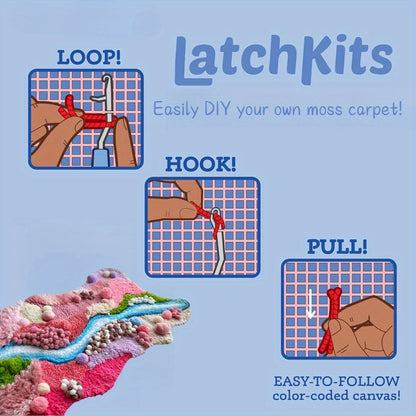 Pink moss carpet latch hook kit packaged for gift giving