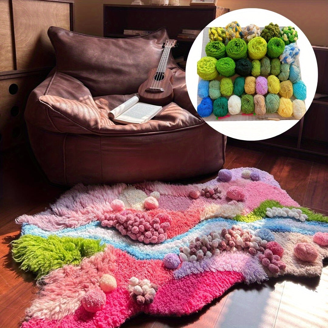 Handmade pink moss carpet latch hook DIY project finished result