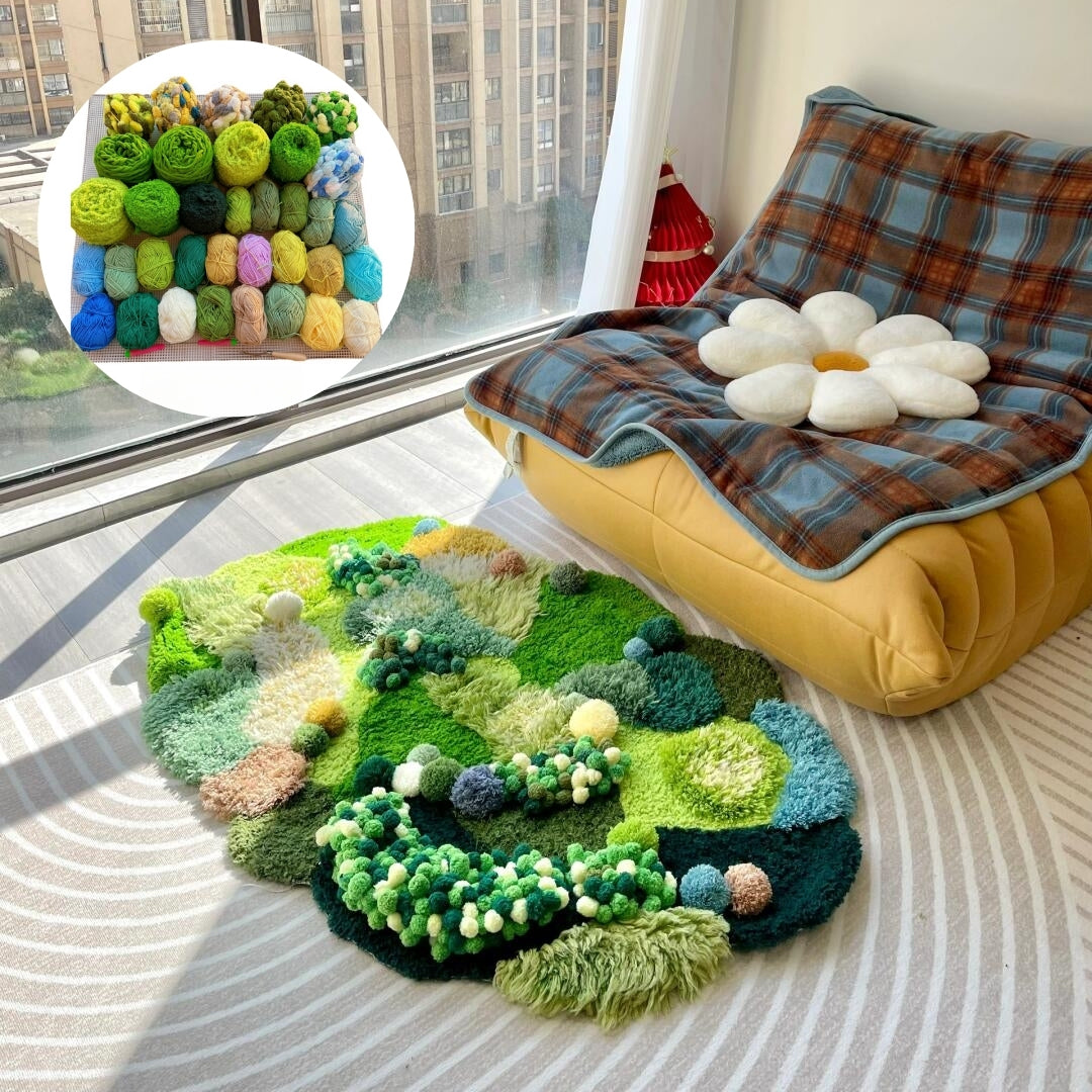 Latch hook kit materials for spring moss carpet with mesh cloth and yarn