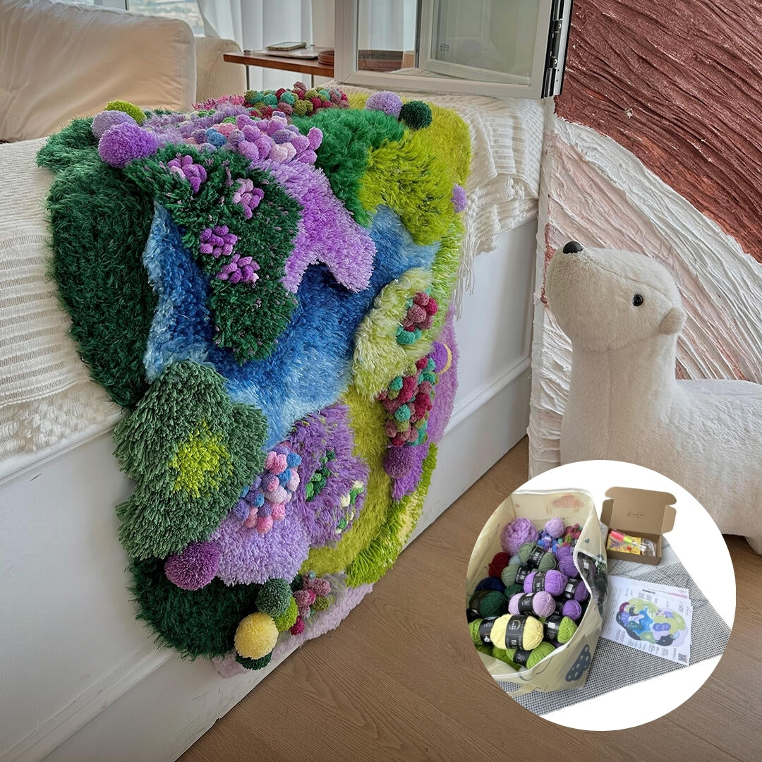 Beginner latch hook lavender moss carpet kit with printed instructions