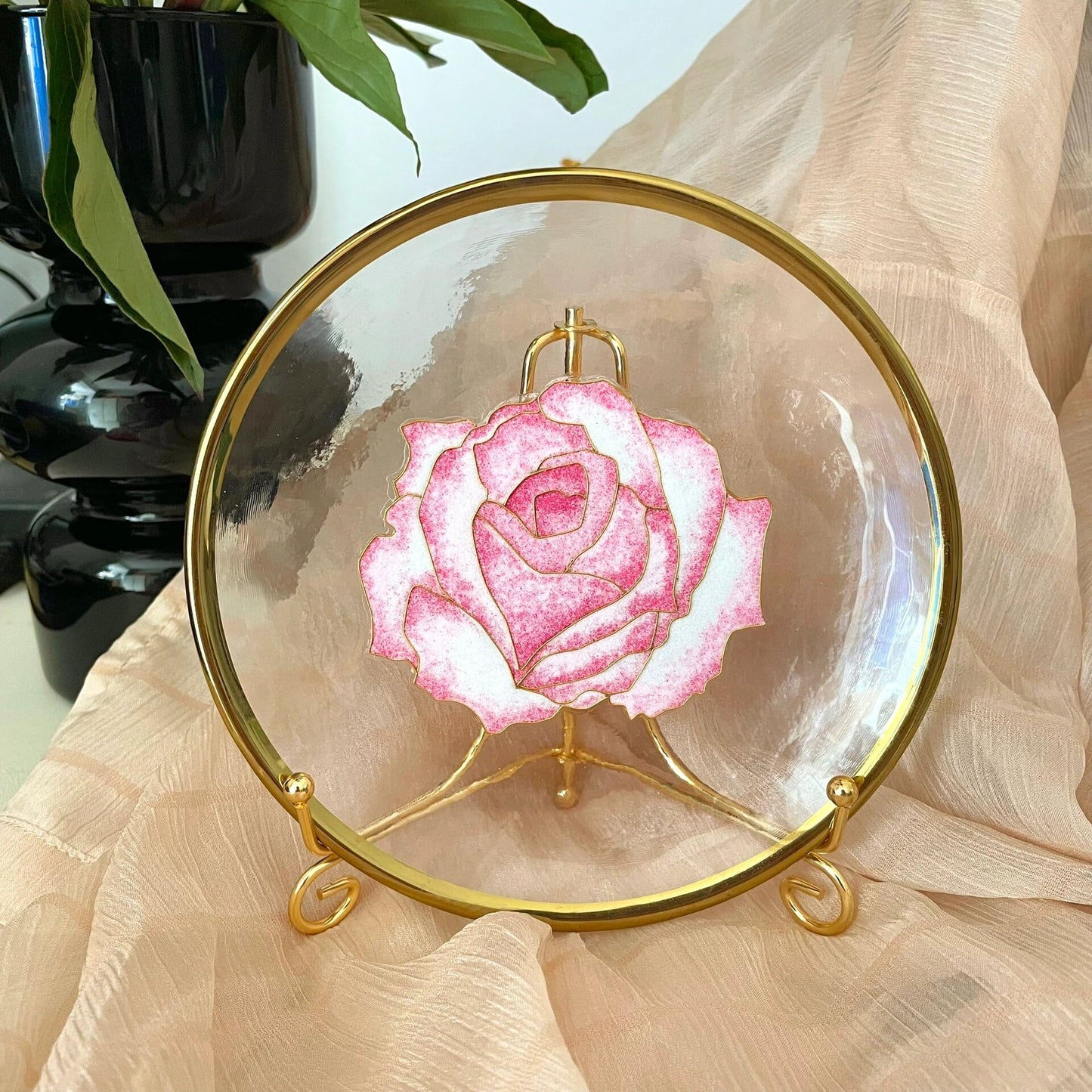 DIY Filigree Cloisonne Enamel Paint by Numbers Kit,Rose on Glass,Pre-Drawn Painting for Adults Beginners and Kids,8'' Diameter,Folk Art