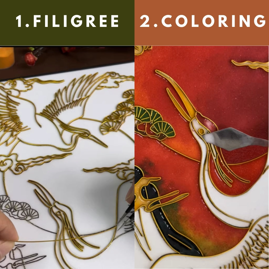 Spring Cranes, DIY Cloisonne Filigree Enamel Kit, with Tutorial& All Tools