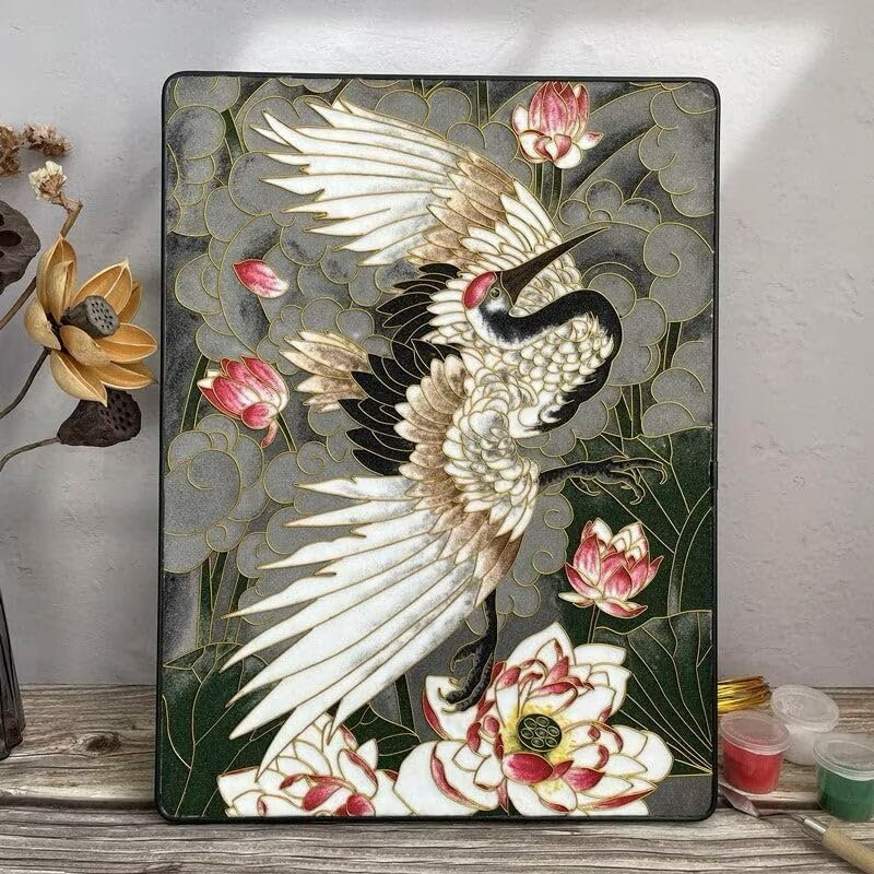 Crane and Lotus, DIY Cloisonne Filigree Enamel Kit, with Tutorial& All Tools