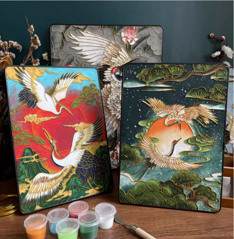 Crane and Lotus, DIY Cloisonne Filigree Enamel Kit, with Tutorial& All Tools