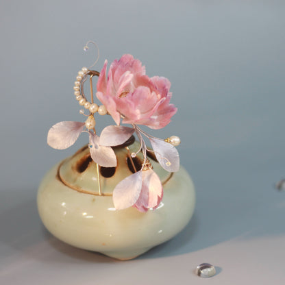 Pink Peony and Natural Pearl, Handmade Silk Velvet Flower,Brooch/Hair Pin/Clip